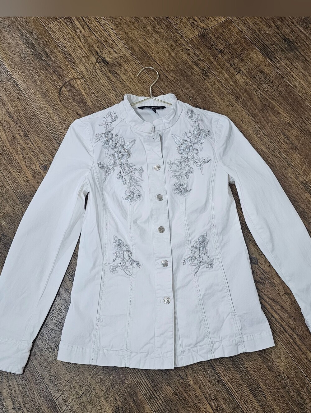 White House Black Market White Military Embroidered Jacket Blazer Size 4 Cotton